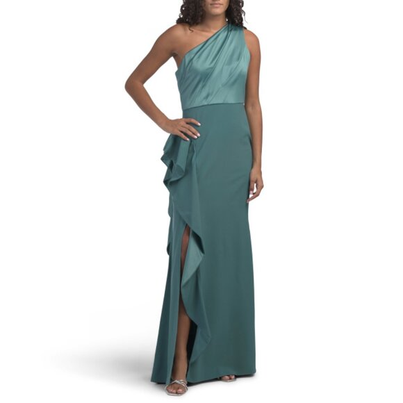 ADRIANNA PAPELL Green Slate One Shoulder Cascading Ruffle Gown - Picture 1 of 2